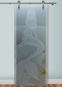 Handcrafted Etched Glass Sliding Glass Barn Door by Sans Soucie Art Glass with Custom Oceanic Design Called Mermaid Princess Creating Private