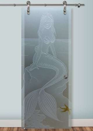 Glass Barn Door featuring Frosted Glass Design Etched Glass by Sans Soucie Art Glass with Custom Oceanic Design Mermaid Princess