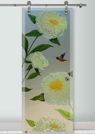 Glass Barn Door showcasing a Frosted Glass Floral Design with Sandblast Etched Glass Art by Sans Soucie Peonies Design