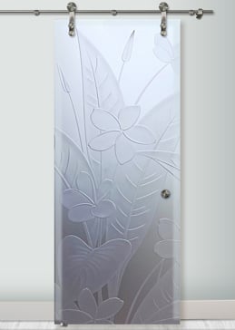 Handmade Sandblasted Frosted Glass Sliding Glass Barn Door for Private Featuring a Floral Design Plumeria by Sans Soucie