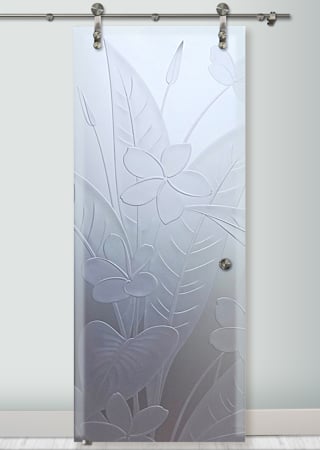 Glass Barn Door featuring a Frosted Glass Floral Design Sandblast Etched Glass Plumeria Design by Sans Soucie