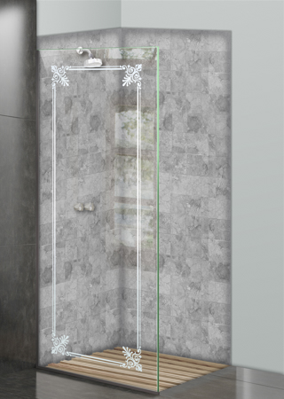 Shower Partition featuring a Frosted Glass Traditional Design Sandblast Etched Glass Rochelle Design by Sans Soucie