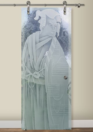Glass Barn Door featuring a Frosted Glass Asian Design Sandblast Etched Glass Samurai Design by Sans Soucie