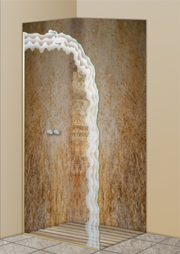 Handmade Sandblasted Frosted Glass Shower Panel for Semi-Private Featuring a Edges Design Shoreline Edge by Sans Soucie