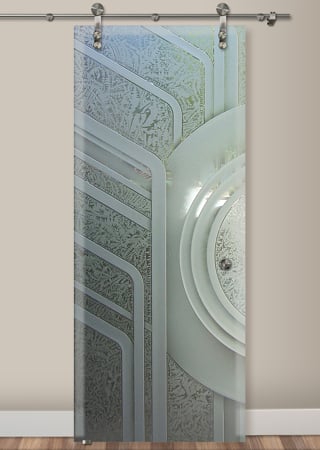Glass Barn Door with a Frosted Glass Sun Odyssey Curved Geometric Design for Semi-Private by Sans Soucie Art Glass