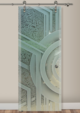 Sliding Glass Barn Door with a Frosted Glass Sun Odyssey XII Geometric Design for Semi-Private by Sans Soucie Art Glass