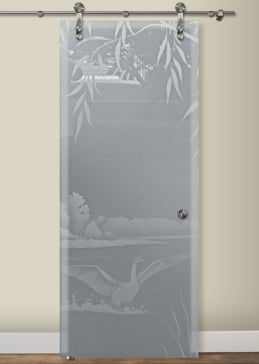 Handmade Sandblasted Frosted Glass Sliding Glass Barn Door for Private Featuring a Wildlife Design Swans on the Lake by Sans Soucie