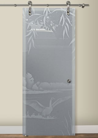 Glass Barn Door featuring a Frosted Glass Wildlife Design Sandblast Etched Glass Swans on the Lake Design by Sans Soucie