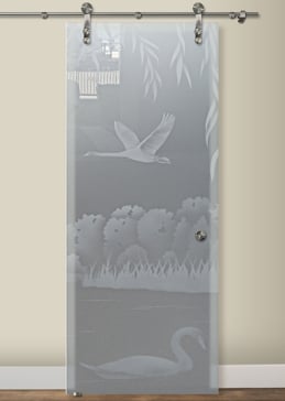 Sliding Glass Barn Door with Frosted Glass Wildlife Swans on the Lake II Design by Sans Soucie