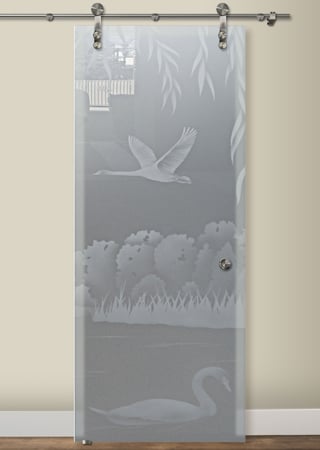 Glass Barn Door with Frosted Glass Wildlife Swans on the Lake II Design by Sans Soucie