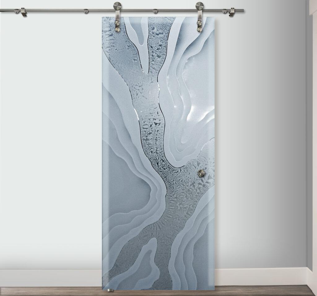 Contemporary interior barn door style with Abstract Liquid glass design