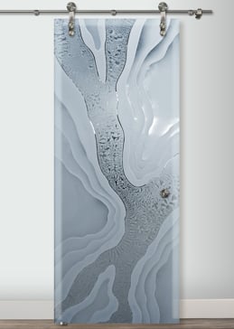 Semi-Private Sliding Glass Barn Door with Sandblast Etched Glass Art by Sans Soucie Featuring Abstract Liquid Abstract Design