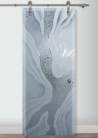 Glass Barn Door showcasing a Frosted Glass Abstract Design with Sandblast Etched Glass Art by Sans Soucie Abstract Liquid Design