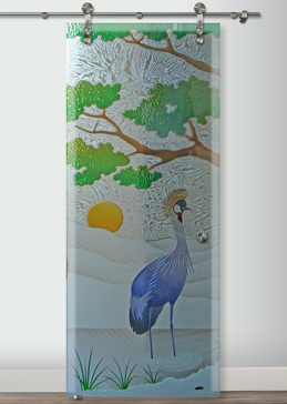 Handcrafted Etched Glass Sliding Glass Barn Door by Sans Soucie Art Glass with Custom African Design Called African Crane Creating Semi-Private