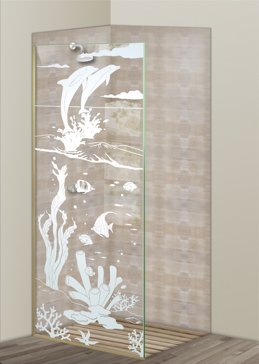 Handcrafted Etched Glass Shower Panel by Sans Soucie Art Glass with Custom Oceanic Design Called Aquarium Dolphins Creating Not Private