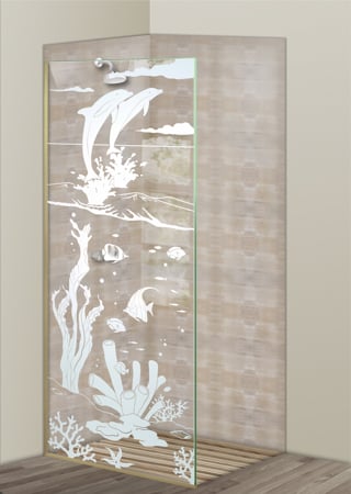 Shower Partition featuring Frosted Glass Design Etched Glass by Sans Soucie Art Glass with Custom Oceanic Design Aquarium Dolphins