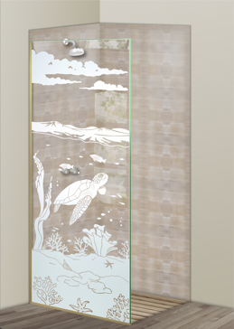 Shower Panel with Frosted Glass Oceanic Aquarium Sea Turtle Design by Sans Soucie
