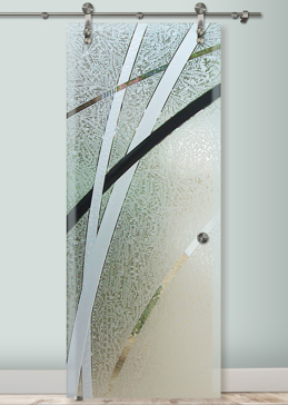 Semi-Private Sliding Glass Barn Door with Sandblast Etched Glass Art by Sans Soucie Featuring Arcos Geometric Design