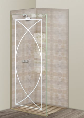 Shower Partition showcasing a Frosted Glass Geometric Design with Sandblast Etched Glass Art by Sans Soucie Arcs Design