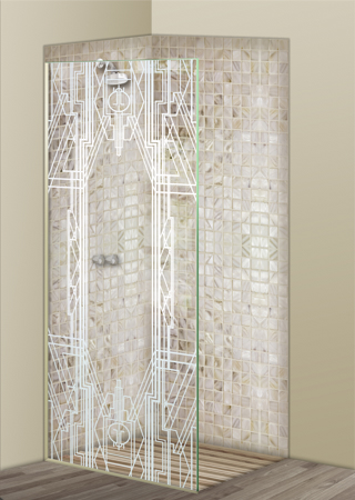 Shower Partition with a Frosted Glass Art Deco Art Deco Design for Semi-Private by Sans Soucie Art Glass