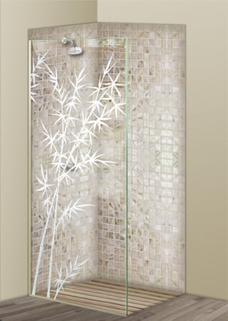Shower Partition with a Frosted Glass Bamboo Forest Asian Design for Semi-Private by Sans Soucie Art Glass