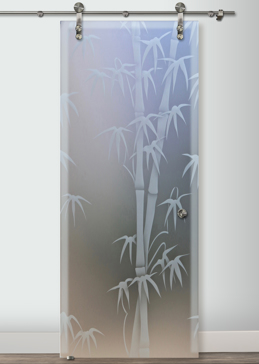 Sliding Glass Barn Door with Frosted Glass Asian Bamboo Shoots Design by Sans Soucie
