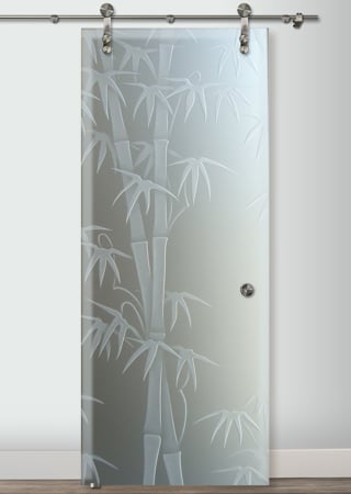 Glass Barn Door with Frosted Glass Asian Bamboo Shoots Design by Sans Soucie