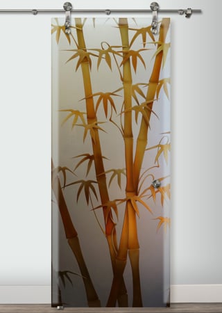 Glass Barn Door showcasing a Frosted Glass Asian Design with Sandblast Etched Glass Art by Sans Soucie Bamboo Shoots II Copper Design
