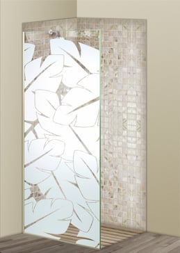 Handmade Sandblasted Frosted Glass Shower Panel for Not Private Featuring a Tropical Design Banana Leaves by Sans Soucie