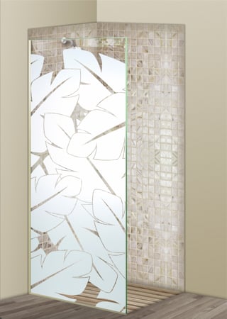 Shower Partition featuring a Frosted Glass Tropical Design Sandblast Etched Glass Banana Leaves Design by Sans Soucie