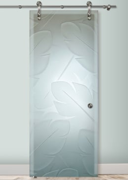 Handmade Sandblasted Frosted Glass Sliding Glass Barn Door for Private Featuring a Tropical Design Banana Leaves by Sans Soucie