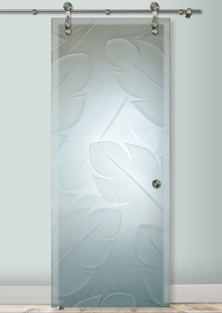 Glass Barn Door featuring a Frosted Glass Tropical Design Sandblast Etched Glass Banana Leaves Design by Sans Soucie