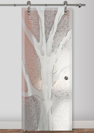 Glass Barn Door showcasing a Frosted Glass Tree Design with Sandblast Etched Glass Art by Sans Soucie Barren Branches Design