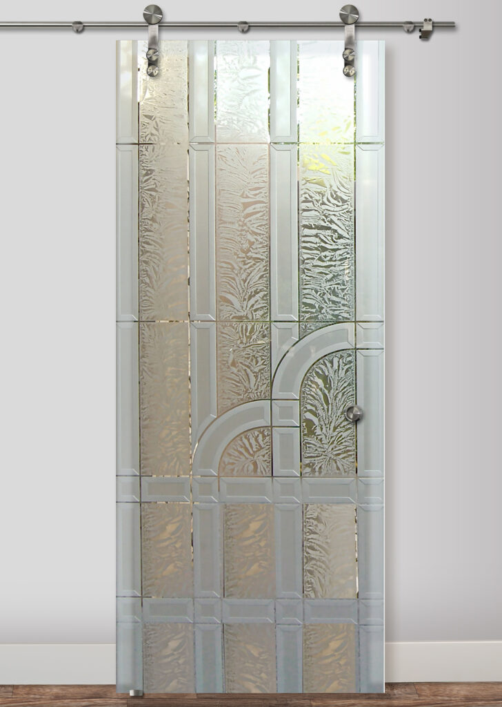 Berringer 3D carved and shaded gluechip semi-private design barn door with glass - Sans Soucie Art Glass
