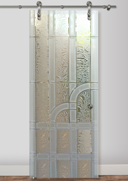 Art Glass Sliding Glass Barn Door Featuring Sandblast Frosted Glass by Sans Soucie for Semi-Private with Traditional Berringer Design