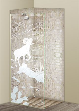 Shower Partition featuring a Frosted Glass Wildlife Design Sandblast Etched Glass Bighorn Design by Sans Soucie