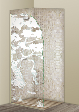 Not Private Shower Panel with Sandblast Etched Glass Art by Sans Soucie Featuring Bonsai Egret Asian Design