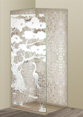 Shower Partition showcasing a Frosted Glass Asian Design with Sandblast Etched Glass Art by Sans Soucie Bonsai Egret Design