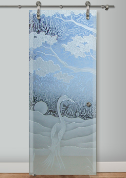 Semi-Private Sliding Glass Barn Door with Sandblast Etched Glass Art by Sans Soucie Featuring Bonsai Egret Asian Design