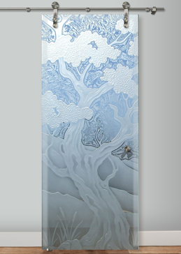 Art Glass Sliding Glass Barn Door Featuring Sandblast Frosted Glass by Sans Soucie for Semi-Private with Asian Bonsai Design