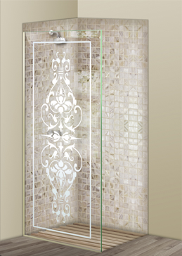 Art Glass Shower Panel Featuring Sandblast Frosted Glass by Sans Soucie for Not Private with Traditional Bordeaux Design