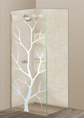 Shower Partition with a Frosted Glass Branch Out Tree Design for Semi-Private by Sans Soucie Art Glass