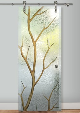 Sliding Glass Barn Door with a Frosted Glass Branch Out Trees Design for Semi-Private by Sans Soucie Art Glass