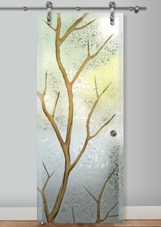 Glass Barn Door with a Frosted Glass Branch Out Tree Design for Semi-Private by Sans Soucie Art Glass