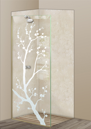 Shower Partition with Frosted Glass Asian Cherry Blossom Design by Sans Soucie