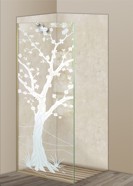 Handcrafted Etched Glass Shower Panel by Sans Soucie Art Glass with Custom Asian Design Called Cherry Blossom III Creating Not Private