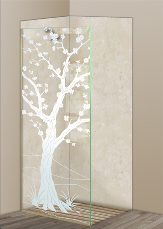 Shower Partition featuring Frosted Glass Design Etched Glass by Sans Soucie Art Glass with Custom Asian Design Cherry Blossom III