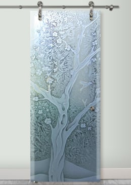 Handcrafted Etched Glass Sliding Glass Barn Door by Sans Soucie Art Glass with Custom Asian Design Called Cherry Blossom III Creating Semi-Private