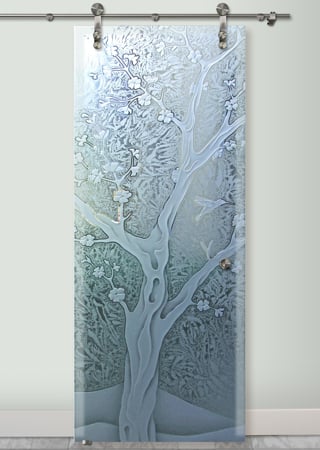 Glass Barn Door featuring Frosted Glass Design Etched Glass by Sans Soucie Art Glass with Custom Asian Design Cherry Blossom III