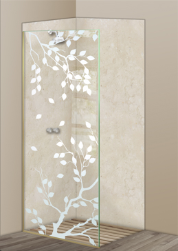 Not Private Shower Panel with Sandblast Etched Glass Art by Sans Soucie Featuring Cherry Tree Asian Design